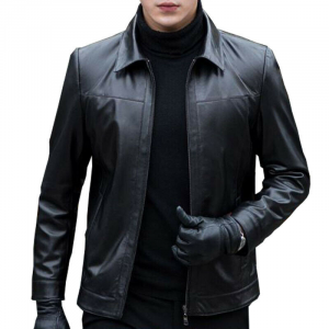 Giubbino in Vera Pelle Nappa da Uomo con Collo a Camicia Nero