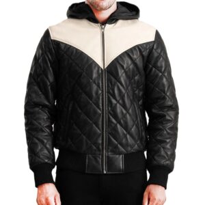 Giubbotto Bomber da Uomo con Cappuccio in Vera Pelle Nappa Nero Bianco